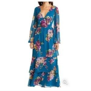 Fourteenth Place Floral Maxi Long Sleeve V-neck Ruffle Dress Size xs blue